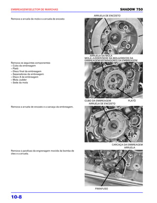 EMBREAGEM/SELETOR DE MARCHAS                                                    SHADOW 750
                                                              ARRUELA DE ENCOSTO
Remova a arruela da mola e a arruela de encosto




                                                           ARRUELA DA MOLA
                                                        MOLA JUDDER/SEDE DA MOLA/DISCOS DA
                                                        EMBREAGEM/SEPARADORES DA EMBREAGEM
Remova os seguintes componentes:
– Cubo da embreagem
– Platô
– Disco final da embreagem
– Separadores da embreagem
– Disco A da embreagem
– Mola Judder
– Sede da mola




                                                        CUBO DA EMBREAGEM           PLATÔ
                                                           ARRUELA DE ENCOSTO
Remova a arruela de encosto e a carcaça da embreagem.




                                                                          CARCAÇA DA EMBREAGEM
                                                                                  ARRUELA
Remova o parafuso da engrenagem movida da bomba de
óleo e a arruela.




                                                               PARAFUSO


10-8
 