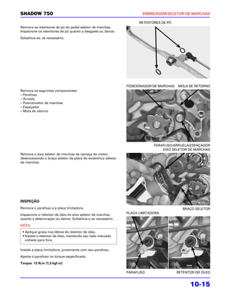 SHADOW 750                                                            EMBREAGEM/SELETOR DE MARCHAS

                                                                     RETENTORES DE PÓ
Remova os retentores de pó do pedal seletor de marchas.
Inspecione os retentores de pó quanto a desgaste ou danos.

Substitua-os, se necessário.




                                                               POSICIONADOR DE MARCHAS   MOLA DE RETORNO
Remova os seguintes componentes:
– Parafuso
– Arruela
– Posicionador de marchas
– Espaçador
– Mola de retorno




                                                                            PARAFUSO/ARRUELA/ESPAÇADOR
                                                                                EIXO SELETOR DE MARCHAS
Remova o eixo seletor de marchas da carcaça do motor,
desencaixando o braço seletor da placa do excêntrico seletor
de marchas.




INSPEÇÃO
Remova o parafuso e a placa limitadora.                                                    BRAÇO SELETOR
Inspecione o retentor de óleo do eixo seletor de marchas       PLACA LIMITADORA
quanto a deterioração ou danos. Substitua-o se necessário.

NOTA
 • Aplique graxa nos lábios do retentor de óleo.
 • Instale o retentor de óleo, mantendo seu lado marcado
   voltado para fora.

Instale a placa limitadora, juntamente com seu parafuso.

Aperte o parafuso no torque especificado.

Torque: 13 N.m (1,3 kgf.m)

                                                               PARAFUSO                  RETENTOR DO ÓLEO


                                                                                               10-15
 