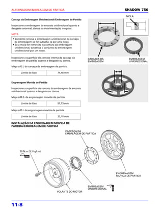 ALTERNADOR/EMBREAGEM DE PARTIDA                                                   SHADOW 750
                                                                                    MOLA
Carcaça da Embreagem Unidirecional/Embreagem de Partida

Inspecione a embreagem de encosto unidirecional quanto a
desgaste anormal, danos ou movimentação irregular.

NOTA
 • Somente remova a embreagem unidirecional da carcaça
   da embreagem se for substituí-la por uma nova.
 • Se a mola for removida da ranhura da embreagem
   unidirecional, substitua o conjunto da embreagem
   unidirecional por um novo.

Inspecione a superfície de contato interna da carcaça da
                                                             CARCAÇA DA              EMBREAGEM
embreagem de partida quanto a desgaste ou danos.             EMBREAGEM               UNIDIRECIONAL

Meça o D.I. da carcaça da embreagem de partida.

        Limite de Uso                   74,46 mm



Engrenagem Movida de Partida

Inspecione a superfície de contato da embreagem de encosto
unidirecional quanto a desgaste ou danos.

Meça o D.E. da engrenagem movida de partida.

        Limite de Uso                   57,73 mm

Meça o D.I. da engrenagem movida de partida.

        Limite de Uso                   37,10 mm

INSTALAÇÃO DA ENGRENAGEM MOVIDA DE
PARTIDA/EMBREAGEM DE PARTIDA
                                               CARCAÇA DA
                                               EMBREAGEM DE PARTIDA




       30 N.m (3,1 kgf.m)




                                                                             ENGRENAGEM
                                                                             MOVIDA DE PARTIDA



                                                             EMBREAGEM
                                                             UNIDIRECIONAL
                                        VOLANTE DO MOTOR




11-8
 