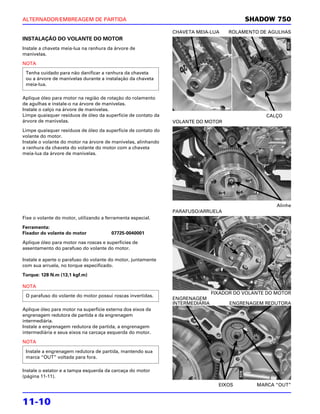 ALTERNADOR/EMBREAGEM DE PARTIDA                                                           SHADOW 750
                                                               CHAVETA MEIA-LUA     ROLAMENTO DE AGULHAS
INSTALAÇÃO DO VOLANTE DO MOTOR
Instale a chaveta meia-lua na ranhura da árvore de
manivelas.

NOTA
 Tenha cuidado para não danificar a ranhura da chaveta
 ou a árvore de manivelas durante a instalação da chaveta
 meia-lua.

Aplique óleo para motor na região de rotação do rolamento
de agulhas e instale-o na árvore de manivelas.
Instale o calço na árvore de manivelas.
Limpe quaisquer resíduos de óleo da superfície de contato da                                     CALÇO
árvore de manivelas.                                           VOLANTE DO MOTOR
Limpe quaisquer resíduos de óleo da superfície de contato do
volante do motor.
Instale o volante do motor na árvore de manivelas, alinhando
a ranhura da chaveta do volante do motor com a chaveta
meia-lua da árvore de manivelas.




                                                                                                     Alinhe
                                                               PARAFUSO/ARRUELA
Fixe o volante do motor, utilizando a ferramenta especial.

Ferramenta:
Fixador do volante do motor             07725-0040001

Aplique óleo para motor nas roscas e superfícies de
assentamento do parafuso do volante do motor.

Instale e aperte o parafuso do volante do motor, juntamente
com sua arruela, no torque especificado.

Torque: 128 N.m (13,1 kgf.m)

NOTA
                                                                               FIXADOR DO VOLANTE DO MOTOR
 O parafuso do volante do motor possui roscas invertidas.
                                                               ENGRENAGEM
                                                               INTERMEDIÁRIA         ENGRENAGEM REDUTORA
Aplique óleo para motor na superfície externa dos eixos da
engrenagem redutora de partida e da engrenagem
intermediária.
Instale a engrenagem redutora de partida, a engrenagem
intermediária e seus eixos na carcaça esquerda do motor.

NOTA

 Instale a engrenagem redutora de partida, mantendo sua
 marca “OUT” voltada para fora.

Instale o estator e a tampa esquerda da carcaça do motor
(página 11-11).
                                                                                 EIXOS        MARCA “OUT”


11-10
 