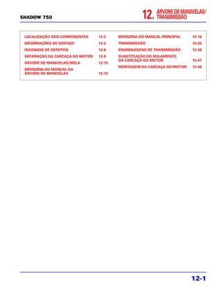 ÁRVORE DE MANIVELAS/
SHADOW 750                                         12.    TRANSMISSÃO


 LOCALIZAÇÃO DOS COMPONENTES     12-2    BRONZINA DO MANCAL PRINCIPAL   12-16
 INFORMAÇÕES DE SERVIÇO          12-3    TRANSMISSÃO                    12-20
 DIAGNOSE DE DEFEITOS            12-8    ENGRENAGENS DE TRANSMISSÃO     12-28
 SEPARAÇÃO DA CARCAÇA DO MOTOR   12-9    SUBSTITUIÇÃO DO ROLAMENTO
                                         DA CARCAÇA DO MOTOR            12-47
 ÁRVORE DE MANIVELAS/BIELA       12-10
                                         MONTAGEM DA CARCAÇA DO MOTOR   12-48
 BRONZINA DO MANCAL DA
 ÁRVORE DE MANIVELAS             12-13




                                                                        12-1
 