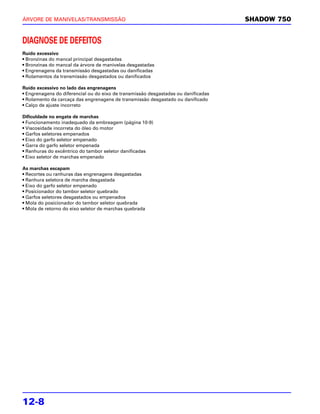 ÁRVORE DE MANIVELAS/TRANSMISSÃO                                                     SHADOW 750


DIAGNOSE DE DEFEITOS
Ruído excessivo
• Bronzinas do mancal principal desgastadas
• Bronzinas do mancal da árvore de manivelas desgastadas
• Engrenagens da transmissão desgastadas ou danificadas
• Rolamentos da transmissão desgastados ou danificados

Ruído excessivo no lado das engrenagens
• Engrenagens do diferencial ou do eixo de transmissão desgastadas ou danificadas
• Rolamento da carcaça das engrenagens de transmissão desgastado ou danificado
• Calço de ajuste incorreto

Dificuldade no engate de marchas
• Funcionamento inadequado da embreagem (página 10-9)
• Viscosidade incorreta do óleo do motor
• Garfos seletores empenados
• Eixo do garfo seletor empenado
• Garra do garfo seletor empenada
• Ranhuras do excêntrico do tambor seletor danificadas
• Eixo seletor de marchas empenado

As marchas escapam
• Recortes ou ranhuras das engrenagens desgastadas
• Ranhura seletora de marcha desgastada
• Eixo do garfo seletor empenado
• Posicionador do tambor seletor quebrado
• Garfos seletores desgastados ou empenados
• Mola do posicionador do tambor seletor quebrada
• Mola de retorno do eixo seletor de marchas quebrada




12-8
 