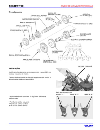 SHADOW 750                                                             ÁRVORE DE MANIVELAS/TRANSMISSÃO


Árvore Secundária
                                                       BUCHA DA
                                                       ENGRENAGEM C2                           ARRUELA
                                ÁRVORE SECUNDÁRIA                                              DE ENCOSTO
                                                    ARRUELA
                  ENGRENAGEM C5 (23D)               DE ENCOSTO
               ARRUELA ESTRIADA
                                                                                      ENGRENAGEM C2 (31D)
         ARRUELA DE TRAVA

 ENGRENAGEM C4 (24D)

                                                                                             ENGRENAGEM
                                                                                             C3 (27D)

                                                                                 BUCHA DA ENGRENAGEM C1




                                                               ENGRENAGEM
                                                               C1 (36D)
BUCHA DA ENGRENAGEM C4


                    ARRUELA DE ENCOSTO          ENGRENAGEM DO
                                                DIFERENCIAL (39D)

                                                                                         ÁRVORE PRIMÁRIA
INSTALAÇÃO

Instale simultaneamente as árvore primária e secundária na
carcaça esquerda do motor.

Certifique-se de instalar as arruelas de encosto em ambas as
extremidades da árvore secundária.




                                                                  ÁRVORE SECUNDÁRIA
                                                                  MARCA “L”      MARCA “C”       MARCA “R”
Os garfos seletores possuem as seguintes marcas de
identificação:

• “L”: Garfo seletor esquerdo
• “C”: Garfo seletor central
• “R”: Garfo seletor direito




                                                                                                12-27
 