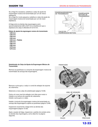 SHADOW 750                                                          ÁRVORE DE MANIVELAS/TRANSMISSÃO


Se a folga for excessiva, substitua o calço de ajuste da        ENGRENAGEM MOVIDA
engrenagem motora de transmissão por um de menor                DE TRANSMISSÃO            ENGRENAGEM
espessura.                                                                                MOTORA DE
                                                                                          TRANSMISSÃO
Se a folga for muito pequena, substitua o calço de ajuste da
engrenagem motora de transmissão por um de maior
espessura.

A folga entre os dentes das engrenagens varia
aproximadamente 0,06 a 0,07 mm à medida em que a
espessura do calço é alterada em 0,10 mm.

Calços de ajuste da engrenagem motora de transmissão:              CALÇO DA
 0,30 mm                                                           ENGRENAGEM MOTORA
 0,35 mm
 0,40 mm
 0,45 mm
 0,50 mm – Padrão
 0,55 mm
 0,60 mm
 0,65 mm
 0,70 mm
 0,75 mm




Substituição do Calço de Ajuste da Engrenagem Motora de            PARAFUSOS
Transmissão

Remova os parafusos e o conjunto da engrenagem motora de
transmissão da carcaça das engrenagens.




Remova o pino-guia, o calço e o anel de vedação do suporte
do rolamento.

Selecione o novo calço de substituição (página 12-33).
                                                                             ANEL DE VEDAÇÃO
Cubra um novo anel de vedação com óleo para motor e
instale-o na ranhura do suporte do rolamento.
Instale o pino-guia e o calço.

Instale o conjunto da engrenagem motora de transmissão na
carcaça das engrenagens e aperte os parafusos (página 12-44).

Inspecione novamente a folga entre os dentes das
engrenagens (página 12-32).

Após o ajuste da folga, inspecione o padrão de contato entre
os dentes das engrenagens, como descrito na página
seguinte.
                                                                     CALÇO                     PINO-GUIA


                                                                                               12-33
 
