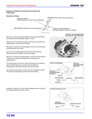 ÁRVORE DE MANIVELAS/TRANSMISSÃO                                                                 SHADOW 750

Inspeção do Padrão de Contato Entre os Dentes das
Engrenagens

Descrição do Dente:
                                                               INFERIOR (lado interno da engrenagem)
                LADO DA COSTA
                (contato quando o freio-motor é utilizado)




           INCLINAÇÃO (lado externo da engrenagem)                    LADO DE ACIONAMENTO
                                                                      (contato quando o motor é utilizado)


                                                                                         DENTES DA ENGRENAGEM
                                                                                         MOVIDA DE TRANSMISSÃO
Remova o conjunto da engrenagem motora de transmissão
da carcaça das engrenagens (página 12-33).

Aplique uma fina camada de Azul-da-Prússia nos dentes da
engrenagem movida de transmissão.

Reinstale o conjunto da engrenagem motora de transmissão,
juntamente com seu calço.

Gire o eixo da engrenagem motora de transmissão por
diversas vezes no sentido normal de rotação.

Remova o conjunto da engrenagem motora de transmissão e
inspecione o padrão de contato entre os dentes das
engrenagens.

O contato estará normal se o Azul-da-Prússia for transferido      CONTATONORMAL:                       EIXO DA
aproximadamente para o centro de cada dente da                                                         ENGRENAGEM
engrenagem e ligeiramente para sua parte inferior.                                                     MOTORA

Se o padrão não estiver correto, remova e substitua o calço
de ajuste da engrenagem movida de transmissão.                    EIXO DA
                                                                  ENGRENAGEM
                                                                  MOVIDA
                                                                          CALÇO
                                                                         INCLINAÇÃO       INFERIOR      INCLINAÇÃO
                                                                            FACE
                                                                         FLANCO



Substitua o calço por um de menor espessura caso o padrão          CONTATO MUITO ALTO:
de contato esteja muito alto na face.




                                                                         LADO DE
                                                                         ACIONAMENTO           LADO DA COSTA

                                                                          FACE                           FACE




12-34
 