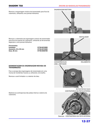 SHADOW 750                                                          ÁRVORE DE MANIVELAS/TRANSMISSÃO

                                                               ENGRENAGEM MOTORA
Remova a engrenagem motora de transmissão para fora do
rolamento, utilizando uma prensa hidráulica.




                                                                                           INSTALADOR
Remova o rolamento da engrenagem motora de transmissão
para fora do suporte do rolamento, utilizando as ferramentas
especiais e uma prensa hidráulica.

Ferramentas:
Instalador                                07749-0010000
Acessório, 52 x 55 mm                     07746-0010400
Guia, 30 mm                               07746-0040700




                                                               ACESSÓRIO/GUIA                ROLAMENTO
                                                               ANEL LIMITADOR
DESMONTAGEM DA ENGRENAGEM MOVIDA DE
TRANSMISSÃO

Fixe a carcaça das engrenagens de transmissão em uma
morsa de mordentes macios ou utilizando uma toalha.

Remova o anel limitador e o retentor de óleo.




                                                                                      RETENTOR DE ÓLEO
                                                                           CONTRAPORCA DA PISTA EXTERNA
Destrave as contraporcas das pistas interna e externa do
rolamento.




                                                                   Destrave CONTRAPORCA DA PISTA INTERNA


                                                                                              12-37
 