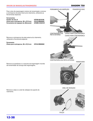 ÁRVORE DE MANIVELAS/TRANSMISSÃO                                                       SHADOW 750
                                                             FERRAMENTA DE INSPEÇÃO    FIXADOR DE EIXO
Fixe o eixo da engrenagem motora de transmissão e remova
a contraporca da pista interna do rolamento, utilizando as
ferramentas especiais.

Ferramentas:
Fixador de eixo A                       07PAB-0010100
Chave para contraporca, 36 x 47,8 mm    07916-MB00002
Ferramenta de inspeção do diferencial   07KMK-HC50101




                                                             CONTRAPORCA DA    CHAVE PARA CONTRAPORCA
                                                             PISTA INTERNA
                                                                               CHAVE PARA CONTRAPORCA
Remova a contraporca da pista externa do rolamento,
utilizando a ferramenta especial.

Ferramenta:
Chave para contraporca, 36 x 47,8 mm    07916-MB00002




                                                             CONTRAPORCA DA PISTA EXTERNA
                                                                                             PARAFUSOS
Remova os parafusos e o conjunto da engrenagem movida
de transmissão da carcaça das engrenagens.




                                                                           ANEL DE VEDAÇÃO
Remova o calço e o anel de vedação do suporte do
rolamento.




                                                                       CALÇO


12-38
 