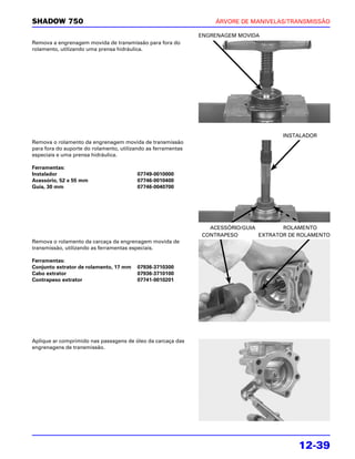 SHADOW 750                                                         ÁRVORE DE MANIVELAS/TRANSMISSÃO

                                                               ENGRENAGEM MOVIDA
Remova a engrenagem movida de transmissão para fora do
rolamento, utilizando uma prensa hidráulica.




                                                                                       INSTALADOR
Remova o rolamento da engrenagem movida de transmissão
para fora do suporte do rolamento, utilizando as ferramentas
especiais e uma prensa hidráulica.

Ferramentas:
Instalador                               07749-0010000
Acessório, 52 x 55 mm                    07746-0010400
Guia, 30 mm                              07746-0040700




                                                                 ACESSÓRIO/GUIA        ROLAMENTO
                                                               CONTRAPESO       EXTRATOR DE ROLAMENTO
Remova o rolamento da carcaça da engrenagem movida de
transmissão, utilizando as ferramentas especiais.

Ferramentas:
Conjunto extrator de rolamento, 17 mm    07936-3710300
Cabo extrator                            07936-3710100
Contrapeso extrator                      07741-0010201




Aplique ar comprimido nas passagens de óleo da carcaça das
engrenagens de transmissão.




                                                                                           12-39
 
