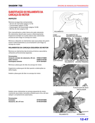 SHADOW 750                                                       ÁRVORE DE MANIVELAS/TRANSMISSÃO



SUBSTITUIÇÃO DO ROLAMENTO DA
CARCAÇA DO MOTOR
INSPEÇÃO

Remova os seguintes componentes:
– Árvore de manivelas (página 12-10)
– Transmissão (página 12-20)
– Engrenagem de transmissão (página 12-29)
– Bomba de óleo (página 4-6)
                                                              ROLAMENTO
Gire manualmente a pista interna de cada rolamento.
Os rolamentos devem girar suave e silenciosamente.
                                                             CABO          ROLAMENTO DA
Inspecione também se a pista externa dos rolamentos          EXTRATOR      ÁRVORE SECUNDÁRIA
encaixa-se sem folga na carcaça do motor.

Remova e descarte os rolamentos caso suas pistas não girem
suave e silenciosamente ou se encaixarem com folga na
carcaça do motor.

ROLAMENTOS DA CARCAÇA ESQUERDA DO MOTOR

Remova os rolamentos das árvores primária e secundária,
utilizando as ferramentas especiais.

Ferramentas:
Conjunto extrator de rolamento, 20 mm     07936-3710600
Cabo extrator                             07936-3710100
                                                             CONTRAPESO   EXTRATOR DE ROLAMENTO DA
Contrapeso extrator                       07741-0010201                   ROLAMENTO ÁRVORE PRIMÁRIA

Remova a placa-guia de óleo da carcaça do motor.

Inspecione a placa-guia de óleo quanto a obstruções ou
deformação.

Instale a placa-guia de óleo na carcaça do motor.




                                                                                   PLACA-GUIA DE ÓLEO
                                                                                       INSTALADOR
Instale novos rolamentos na carcaça esquerda do motor,
mantendo seus lados marcados voltados para cima, até que
estejam completamente assentados.

Ferramentas:
Instalador                                07749-0010000
Acessório, 42 x 47 mm                     07746-0010300




                                                                   ROLAMENTO           ACESSÓRIO


                                                                                          12-47
 