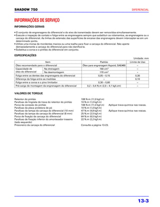 SHADOW 750                                                                                               DIFERENCIAL



INFORMAÇÕES DE SERVIÇO
INFORMAÇÕES GERAIS

• O conjunto de engrenagens do diferencial e do eixo de transmissão devem ser removidos simultaneamente.
• Execute a inspeção de contato e folga entre as engrenagens sempre que substituir os rolamentos, as engrenagens ou a
  carcaça do diferencial. As linhas de extensão das superfícies de encaixe das engrenagens devem interceptar-se em um
  determinado ponto.
• Utilize uma morsa de mordentes macios ou uma toalha para fixar a carcaça do diferencial. Não aperte
  demasiadamente a carcaça do diferencial para não danificá-la.
• Substitua a coroa e o pinhão do diferencial em conjunto.

ESPECIFICAÇÕES
                                                                                                          Unidade: mm
                            Item                                            Padrão                     Limite de Uso
 Óleo recomendado para o diferencial                       Óleo para engrenagem Hypoid, SAE#80                –
 Capacidade de             Na drenagem                                     160 cm3                            –
 óleo do diferencial       Na desmontagem                                  170 cm3                            –
 Folga entre os dentes das engrenagens do diferencial                     0,05 – 0,15                       0,30
 Diferença da folga entre as medidas                                           –                            0,10
 Folga entre a coroa e o pino limitador                                   0,30 – 0,60                         –
 Pré-carga de montagem da engrenagem do diferencial            0,2 – 0,4 N.m (2,0 – 4,1 kgf.cm)               –


VALORES DE TORQUE

Retentor do pinhão                                        108 N.m (11,0 kgf.m)
Parafuso da lingüeta de trava do retentor do pinhão       10 N.m (1,0 kgf.m)
Porca da conexão do pinhão                                108 N.m (11,0 kgf.m)       Aplique trava-química nas roscas.
Parafuso da placa protetora de pó                         10 N.m (1,0 kgf.m)
Parafuso da tampa da carcaça do diferencial (10 mm)       47 N.m (4,8 kgf.m)         Aplique trava-química nas roscas.
Parafuso da tampa da carcaça do diferencial (8 mm)        25 N.m (2,5 kgf.m)
Porca de fixação da carcaça do diferencial                64 N.m (6,5 kgf.m)
Parafuso de fixação inferior do amortecedor traseiro      22 N.m (2,2 kgf.m)
(lado esquerdo)
Prisioneiro da carcaça do diferencial                     Consulte a página 13-23.




                                                                                                              13-3
 