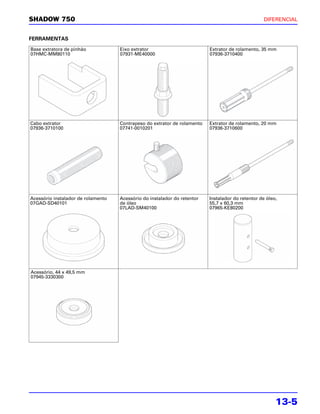 SHADOW 750                                                                                         DIFERENCIAL


FERRAMENTAS
Base extratora de pinhão            Eixo extrator                         Extrator de rolamento, 35 mm
07HMC-MM80110                       07931-ME40000                         07936-3710400




Cabo extrator                       Contrapeso do extrator de rolamento   Extrator de rolamento, 20 mm
07936-3710100                       07741-0010201                         07936-3710600




Acessório instalador de rolamento   Acessório do instalador do retentor   Instalador do retentor de óleo,
07GAD-SD40101                       de óleo                               55,7 x 60,3 mm
                                    07LAD-SM40100                         07965-KE80200




Acessório, 44 x 49,5 mm
07945-3330300




                                                                                                        13-5
 