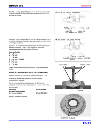 SHADOW 750                                                                                      DIFERENCIAL


Substitua o calço do pinhão por um de maior espessura se o     MUITO ALTO    CALÇO DO PINHÃO
contato entre os dentes das engrenagens estiver muito alto,
em direção à face.




                                                                        FACE                         FACE

                                                                             LADO DE       LADO DA
                                                                             ACIONAMENTO   COSTA



Substitua o calço do pinhão por um de menor espessura se o     MUITO BAIXO    CALÇO DO PINHÃO
contato entre os dentes das engrenagens estiver muito baixo,
em direção ao flanco.

O padrão de contato entre os dentes das engrenagens varia
aproximadamente 1,5 a 2,0 mm à medida em que a
espessura do calço é alterada em 0,10 mm.

Calço do Pinhão:
A 1,82 mm
B 1,88 mm
C 1,94 mm                                                                     LADO DE      LADO DA
                                                                       FLANCO ACIONA-      COSTA FLANCO
D 2,00 mm – Padrão                                                            MENTO
E 2,06 mm
F 2,12 mm
G 2,18 mm                                                         ACESSÓRIO                     INSTALADOR
Para a substituição do calço do pinhão, consulte a página
13-14.

REMOÇÃO DA COROA/SUBSTITUIÇÃO DO CALÇO
Remove a tampa da carcaça do diferencial (página 13-9).

Se a coroa permanecer na tampa, remova-a pelo
procedimento a seguir:

Remova a coroa da tampa da carcaça do diferencial,
utilizando as ferramentas especiais e uma prensa hidráulica.

Ferramentas:
Instalador                             07749-0010000
                                                                                           COROA
Acessório do instalador
do retentor de óleo                    07LAD-SM40100

Remova o retentor de óleo.




                                                                    RETENTOR DE ÓLEO


                                                                                                  13-11
 
