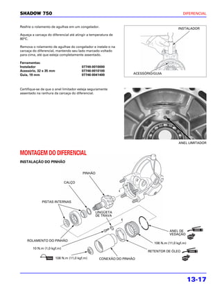 SHADOW 750                                                                                     DIFERENCIAL


Resfrie o rolamento de agulhas em um congelador.
                                                                                            INSTALADOR
Aqueça a carcaça do diferencial até atingir a temperatura de
80°C.

Remova o rolamento de agulhas do congelador e instale-o na
carcaça do diferencial, mantendo seu lado marcado voltado
para cima, até que esteja completamente assentado.

Ferramentas:
Instalador                              07749-0010000
Acessório, 32 x 35 mm                   07746-0010100
Guia, 19 mm                             07746-0041400              ACESSÓRIO/GUIA



Certifique-se de que o anel limitador esteja seguramente
assentado na ranhura da carcaça do diferencial.




                                                                                            ANEL LIMITADOR


MONTAGEM DO DIFERENCIAL
INSTALAÇÃO DO PINHÃO


                                         PINHÃO

                             CALÇO




              PISTAS INTERNAS


                                                  LINGÜETA
                                                  DE TRAVA



                                                                                      ANEL DE
                                                                                      VEDAÇÃO
    ROLAMENTO DO PINHÃO
                                                                             108 N.m (11,0 kgf.m)
        10 N.m (1,0 kgf.m)
                                                                          RETENTOR DE ÓLEO

                        108 N.m (11,0 kgf.m)       CONEXÃO DO PINHÃO




                                                                                                    13-17
 