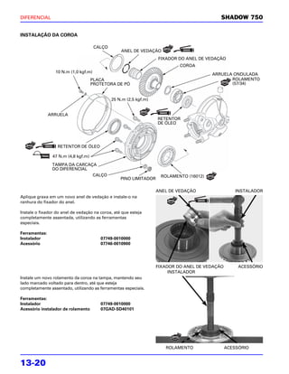 DIFERENCIAL                                                                                 SHADOW 750


INSTALAÇÃO DA COROA

                                      CALÇO
                                                  ANEL DE VEDAÇÃO
                                                                   FIXADOR DO ANEL DE VEDAÇÃO
                                                                            COROA
                 10 N.m (1,0 kgf.m)
                                                                                        ARRUELA ONDULADA
                                     PLACA                                                     ROLAMENTO
                                     PROTETORA DE PÓ                                           (57/34)


                                              25 N.m (2,5 kgf.m)


               ARRUELA
                                                                   RETENTOR
                                                                   DE ÓLEO




                  RETENTOR DE ÓLEO

                47 N.m (4,8 kgf.m)
                TAMPA DA CARCAÇA
                DO DIFERENCIAL
                               CALÇO                                ROLAMENTO (16012)
                                                  PINO LIMITADOR

                                                                   ANEL DE VEDAÇÃO                  INSTALADOR
Aplique graxa em um novo anel de vedação e instale-o na
ranhura do fixador do anel.

Instale o fixador do anel de vedação na coroa, até que esteja
completamente assentada, utilizando as ferramentas
especiais.

Ferramentas:
Instalador                              07749-0010000
Acessório                               07746-0010900




                                                                   FIXADOR DO ANEL DE VEDAÇÃO        ACESSÓRIO
                                                                        INSTALADOR
Instale um novo rolamento da coroa na tampa, mantendo seu
lado marcado voltado para dentro, até que esteja
completamente assentado, utilizando as ferramentas especiais.

Ferramentas:
Instalador                              07749-0010000
Acessório instalador de rolamento       07GAD-SD40101




                                                                      ROLAMENTO                 ACESSÓRIO


13-20
 