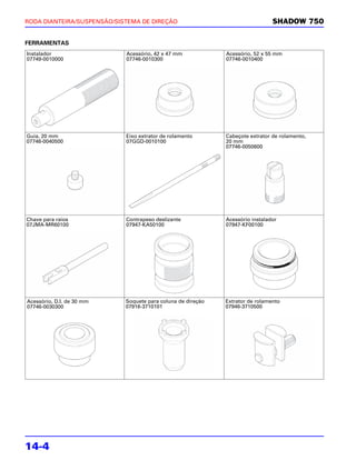 RODA DIANTEIRA/SUSPENSÃO/SISTEMA DE DIREÇÃO                                    SHADOW 750


FERRAMENTAS
Instalador                  Acessório, 42 x 47 mm            Acessório, 52 x 55 mm
07749-0010000               07746-0010300                    07746-0010400




Guia, 20 mm                 Eixo extrator de rolamento       Cabeçote extrator de rolamento,
07746-0040500               07GGD-0010100                    20 mm
                                                             07746-0050600




Chave para raios            Contrapeso deslizante            Acessório instalador
07JMA-MR60100               07947-KA50100                    07947-KF00100




Acessório, D.I. de 30 mm    Soquete para coluna de direção   Extrator de rolamento
07746-0030300               07916-3710101                    07946-3710500




14-4
 
