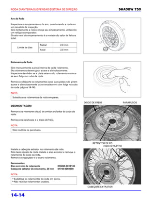 RODA DIANTEIRA/SUSPENSÃO/SISTEMA DE DIREÇÃO                                           SHADOW 750

Aro da Roda

Inspecione o empenamento do aro, posicionando a roda em
um cavalete de inspeção.
Gire lentamente a roda e meça seu empenamento, utilizando
um relógio comparador.
O valor real de empenamento é a metade do valor de leitura
total.

                           Radial             2,0 mm
      Limite de Uso
                           Axial              2,0 mm




Rolamento da Roda

Gire manualmente a pista interna de cada rolamento.
Os rolamentos devem girar suave e silenciosamente.
Inspecione também se a pista externa do rolamento encaixa-
se sem folga no cubo da roda.

Remova e descarte os rolamentos caso suas pistas não girem
suave e silenciosamente ou se encaixarem com folga no cubo
da roda (página 14-14).

NOTA
 Substitua os rolamentos da roda em pares.

                                                               DISCO DE FREIO               PARAFUSOS
DESMONTAGEM

Remova os retentores de pó de ambos os lados do cubo da
roda.

Remova os parafusos e o disco de freio.

NOTA
 Não reutilize os parafusos.




                                                                     RETENTOR DE PÓ
                                                                            EIXO EXTRATOR
Instale o cabeçote extrator no rolamento da roda.
Pelo lado oposto da roda, instale o eixo extrator e remova o
rolamento do cubo da roda.
Remova o espaçador e o outro rolamento.

Ferramentas:
Eixo extrator de rolamento                 07GGD-0010100
Cabeçote extrator de rolamento, 20 mm      07746-0050600

NOTA
 • Substitua os rolamentos da roda em pares.
 • Não reutilize rolamentos usados.

                                                                 CABEÇOTE EXTRATOR


14-14
 