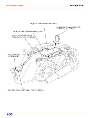 INFORMAÇÕES GERAIS                                                               SHADOW 750




                              FIAÇÃO DA SINALEIRA TRASEIRA DIREITA

                                                                FIAÇÃO DA LANTERNA/LUZ DE FREIO/
                                                                LUZ DA PLACA DE LICENÇA

        FIAÇÃO DA SINALEIRA TRASEIRA ESQUERDA


       FIAÇÃO DA LANTERNA/LUZ DE
       FREIO/LUZ DA PLACA DE LICENÇA




 FIAÇÃO DA LUZ DA
 LUZ DE LICENÇA




 CONECTOR 2P (Branco) DA LUZ DA PLACA DE LICENÇA




1-32
 