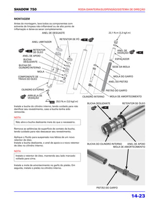 SHADOW 750                                                    RODA DIANTEIRA/SUSPENSÃO/SISTEMA DE DIREÇÃO


MONTAGEM
Antes da montagem, lave todos os componentes com
solvente de limpeza não-inflamável ou de alto ponto de
inflamação e deixe-os secar completamente.
                          ANEL DE DESGASTE                                           22,1 N.m (2,3 kgf.m)

                                          RETENTOR DE PÓ
                ANEL LIMITADOR


                 RETENTOR                                                                   ANEL DE
                 DE ÓLEO                                                                    VEDAÇÃO
        ANEL DE APOIO
        BUCHA                                                                             ESPAÇADOR
        DESLIZANTE
    BUCHA DO
    CILINDRO INTERNO                                                                    SEDE DA MOLA

                     MOLA

   COMPONENTE DE                                                                         MOLA DO GARFO
   TRAVA DO ÓLEO
                                                                                    ANEL DO PISTÃO


       CILINDRO EXTERNO                                                            PISTÃO DO GARFO

            ARRUELA DE                                          CILINDRO INTERNO     MOLA DE AMORTECIMENTO
            VEDAÇÃO
                                       29,5 N.m (3,0 kgf.m)
                                                                   BUCHA DESLIZANTE              RETENTOR DE ÓLEO
Instale a bucha do cilindro interno, tendo cuidado para não
danificar seu revestimento, caso a bucha tenha sido
removida.

NOTA

 Não abra a bucha deslizante mais do que o necessário.

Remova as saliências da superfície de contato da bucha,
tendo cuidado para não descascar seu revestimento.

Aplique o fluido para suspensão nos lábios de um novo
retentor de óleo.
Instale a bucha deslizante, o anel de apoio e o novo retentor
                                                                   BUCHA DO CILINDRO INTERNO     ANEL DE APOIO
de óleo no cilindro interno.
                                                                                       MOLA DE AMORTECIMENTO
NOTA
 Instale o retentor de óleo, mantendo seu lado marcado
 voltado para cima.

Instale a mola de amortecimento no garfo do pistão. Em
seguida, instale o pistão no cilindro interno.




                                                                          PISTÃO DO GARFO


                                                                                                            14-23
 