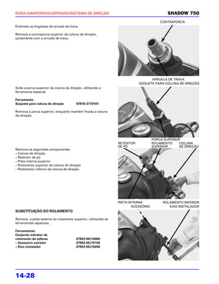 RODA DIANTEIRA/SUSPENSÃO/SISTEMA DE DIREÇÃO                                               SHADOW 750
                                                                                      CONTRAPORCA
Endireite as lingüetas da arruela de trava.

Remova a contraporca superior da coluna de direção,
juntamente com a arruela de trava.




                                                                               ARRUELA DE TRAVA
                                                                         SOQUETE PARA COLUNA DE DIREÇÃO
Solte a porca superior da coluna de direção, utilizando a
ferramenta especial.

Ferramenta:
Soquete para coluna de direção           07916-3710101

Remova a porca superior, enquanto mantém fixada a coluna
de direção.




                                                                                  PORCA SUPERIOR
                                                              RETENTOR            ROLAMENTO     COLUNA
                                                              DE PÓ               SUPERIOR      DE DIREÇÃO
Remova os seguintes componentes:
– Coluna de direção
– Retentor de pó
– Pista interna superior
– Rolamento superior da coluna de direção
– Rolamento inferior da coluna de direção




                                                              PISTA INTERNA            ROLAMENTO INFERIOR
                                                                      ACESSÓRIO           EIXO INSTALADOR
SUBSTITUIÇÃO DO ROLAMENTO

Remova a pista externa do rolamento superior, utilizando as
ferramentas especiais.

Ferramentas:
Conjunto extrator de
rolamento de esferas                     07953-MJ10000
– Acessório extrator                     07953-MJ10100
– Eixo instalador                        07953-MJ10200




14-28
 