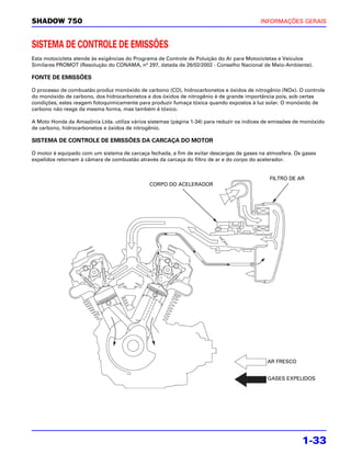 SHADOW 750                                                                                INFORMAÇÕES GERAIS



SISTEMA DE CONTROLE DE EMISSÕES
Esta motocicleta atende às exigências do Programa de Controle de Poluição do Ar para Motocicletas e Veículos
Similares PROMOT (Resolução do CONAMA, n° 297, datada de 26/02/2002 - Conselho Nacional de Meio-Ambiente).

FONTE DE EMISSÕES

O processo de combustão produz monóxido de carbono (CO), hidrocarbonetos e óxidos de nitrogênio (NOx). O controle
do monóxido de carbono, dos hidrocarbonetos e dos óxidos de nitrogênio é de grande importância pois, sob certas
condições, estes reagem fotoquimicamente para produzir fumaça tóxica quando expostos à luz solar. O monóxido de
carbono não reage da mesma forma, mas também é tóxico.

A Moto Honda da Amazônia Ltda. utiliza vários sistemas (página 1-34) para reduzir os índices de emissões de monóxido
de carbono, hidrocarbonetos e óxidos de nitrogênio.

SISTEMA DE CONTROLE DE EMISSÕES DA CARCAÇA DO MOTOR

O motor é equipado com um sistema de carcaça fechada, a fim de evitar descargas de gases na atmosfera. Os gases
expelidos retornam à câmara de combustão através da carcaça do filtro de ar e do corpo do acelerador.


                                                                                              FILTRO DE AR
                                              CORPO DO ACELERADOR




                                                                                             AR FRESCO


                                                                                             GASES EXPELIDOS




                                                                                                           1-33
 