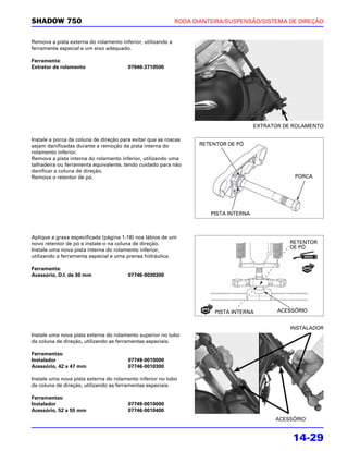SHADOW 750                                                   RODA DIANTEIRA/SUSPENSÃO/SISTEMA DE DIREÇÃO


Remova a pista externa do rolamento inferior, utilizando a
ferramenta especial e um eixo adequado.

Ferramenta:
Extrator de rolamento                   07946-3710500




                                                                                       EXTRATOR DE ROLAMENTO

Instale a porca da coluna de direção para evitar que as roscas
sejam danificadas durante a remoção da pista interna do             RETENTOR DE PÓ
rolamento inferior.
Remova a pista interna do rolamento inferior, utilizando uma
talhadeira ou ferramenta equivalente, tendo cuidado para não
danificar a coluna de direção.
Remova o retentor de pó.                                                                           PORCA




                                                                       PISTA INTERNA



Aplique a graxa especificada (página 1-18) nos lábios de um
novo retentor de pó e instale-o na coluna de direção.                                            RETENTOR
Instale uma nova pista interna do rolamento inferior,                                            DE PÓ
utilizando a ferramenta especial e uma prensa hidráulica.

Ferramenta:
Acessório, D.I. de 30 mm                07746-0030300




                                                                        PISTA INTERNA         ACESSÓRIO


                                                                                                  INSTALADOR
Instale uma nova pista externa do rolamento superior no tubo
da coluna de direção, utilizando as ferramentas especiais.

Ferramentas:
Instalador                              07749-0010000
Acessório, 42 x 47 mm                   07746-0010300

Instale uma nova pista externa do rolamento inferior no tubo
da coluna de direção, utilizando as ferramentas especiais.

Ferramentas:
Instalador                              07749-0010000
Acessório, 52 x 55 mm                   07746-0010400
                                                                                             ACESSÓRIO


                                                                                                  14-29
 
