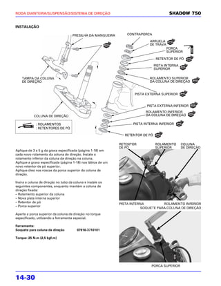 RODA DIANTEIRA/SUSPENSÃO/SISTEMA DE DIREÇÃO                                               SHADOW 750


INSTALAÇÃO

                                     PRESILHA DA MANGUEIRA        CONTRAPORCA

                                                                              ARRUELA
                                                                              DE TRAVA
                                                                                         PORCA
                                                                                         SUPERIOR

                                                                                  RETENTOR DE PÓ

                                                                                 PISTA INTERNA
                                                                                 SUPERIOR

    TAMPA DA COLUNA                                                           ROLAMENTO SUPERIOR
    DE DIREÇÃO                                                                DA COLUNA DE DIREÇÃO


                                                                     PISTA EXTERNA SUPERIOR


                                                                            PISTA EXTERNA INFERIOR
                                                                           ROLAMENTO INFERIOR
            COLUNA DE DIREÇÃO                                              DA COLUNA DE DIREÇÃO

             : ROLAMENTOS                                            PISTA INTERNA INFERIOR
             : RETENTORES DE PÓ

                                                                RETENTOR DE PÓ

                                                              RETENTOR           ROLAMENTO       COLUNA
                                                              DE PÓ              SUPERIOR        DE DIREÇÃO
Aplique de 3 a 5 g da graxa especificada (página 1-18) em
cada novo rolamento da coluna de direção. Instale o
rolamento inferior da coluna de direção na coluna.
Aplique a graxa especificada (página 1-18) nos lábios de um
novo retentor de pó superior.
Aplique óleo nas roscas da porca superior da coluna de
direção.

Insira a coluna de direção no tubo da coluna e instale os
seguintes componentes, enquanto mantém a coluna de
direção fixada:
– Rolamento superior da coluna
– Nova pista interna superior
– Retentor de pó
                                                              PISTA INTERNA         ROLAMENTO INFERIOR
– Porca superior
                                                                         SOQUETE PARA COLUNA DE DIREÇÃO
Aperte a porca superior da coluna de direção no torque
especificado, utilizando a ferramenta especial.

Ferramenta:
Soquete para coluna de direção          07916-3710101

Torque: 25 N.m (2,5 kgf.m)




                                                                              PORCA SUPERIOR


14-30
 