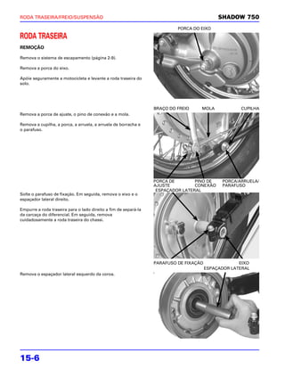 RODA TRASEIRA/FREIO/SUSPENSÃO                                                               SHADOW 750
                                                                          PORCA DO EIXO

RODA TRASEIRA
REMOÇÃO

Remova o sistema de escapamento (página 2-9).

Remova a porca do eixo.

Apóie seguramente a motocicleta e levante a roda traseira do
solo.




                                                                 BRAÇO DO FREIO    MOLA             CUPILHA
Remova a porca de ajuste, o pino de conexão e a mola.

Remova a cupilha, a porca, a arruela, a arruela de borracha e
o parafuso.




                                                                 PORCA DE        PINO DE     PORCA/ARRUELA/
                                                                 AJUSTE          CONEXÃO     PARAFUSO
                                                                  ESPAÇADOR LATERAL
Solte o parafuso de fixação. Em seguida, remova o eixo e o
espaçador lateral direito.

Empurre a roda traseira para o lado direito a fim de separá-la
da carcaça do diferencial. Em seguida, remova
cuidadosamente a roda traseira do chassi.




                                                                 PARAFUSO DE FIXAÇÃO                EIXO
                                                                                       ESPAÇADOR LATERAL
Remova o espaçador lateral esquerdo da coroa.




15-6
 