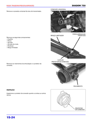 RODA TRASEIRA/FREIO/SUSPENSÃO                                                      SHADOW 750
                                                             CONEXÃO UNIVERSAL
Remova a conexão universal do eixo de transmissão.




                                                                                   PORCA/ARRUELAS/
                                                             BRAÇO LIMITADOR             PARAFUSO
Remova os seguintes componentes:
– Cupilha
– Porca
– Arruela
– Arruela da mola
– Parafuso
– Braço limitador




                                                                    CUPILHA
                                                             PROTETOR DA CONEXÃO
Remova os rolamentos da articulação e o protetor da
conexão.




                                                                                    ROLAMENTO

INSPEÇÃO

Inspecione o protetor da conexão quanto a cortes ou outros
danos.




                                                                                      PROTETOR
                                                                                      DA CONEXÃO




15-24
 