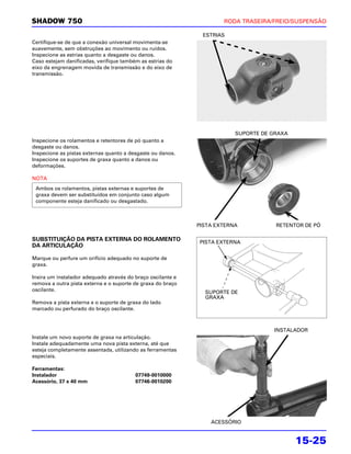 SHADOW 750                                                           RODA TRASEIRA/FREIO/SUSPENSÃO

                                                              ESTRIAS
Certifique-se de que a conexão universal movimenta-se
suavemente, sem obstruções ao movimento ou ruídos.
Inspecione as estrias quanto a desgaste ou danos.
Caso estejam danificadas, verifique também as estrias do
eixo da engrenagem movida de transmissão e do eixo de
transmissão.




                                                                         SUPORTE DE GRAXA
Inspecione os rolamentos e retentores de pó quanto a
desgaste ou danos.
Inspecione as pistas externas quanto a desgaste ou danos.
Inspecione os suportes de graxa quanto a danos ou
deformações.

NOTA
 Ambos os rolamentos, pistas externas e suportes de
 graxa devem ser substituídos em conjunto caso algum
 componente esteja danificado ou desgastado.



                                                             PISTA EXTERNA           RETENTOR DE PÓ

SUBSTITUIÇÃO DA PISTA EXTERNA DO ROLAMENTO                   PISTA EXTERNA
DA ARTICULAÇÃO

Marque ou perfure um orifício adequado no suporte de
graxa.

Insira um instalador adequado através do braço oscilante e
remova a outra pista externa e o suporte de graxa do braço
oscilante.                                                     SUPORTE DE
                                                               GRAXA
Remova a pista externa e o suporte de graxa do lado
marcado ou perfurado do braço oscilante.



                                                                                    INSTALADOR
Instale um novo suporte de graxa na articulação.
Instale adequadamente uma nova pista externa, até que
esteja completamente assentada, utilizando as ferramentas
especiais.

Ferramentas:
Instalador                               07749-0010000
Acessório, 37 x 40 mm                    07746-0010200




                                                                 ACESSÓRIO


                                                                                            15-25
 