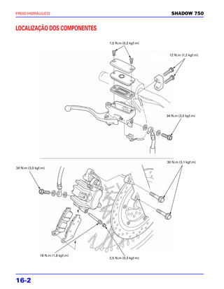 FREIO HIDRÁULICO                                             SHADOW 750


LOCALIZAÇÃO DOS COMPONENTES

                                    1,5 N.m (0,2 kgf.m)


                                                           12 N.m (1,2 kgf.m)




                                                          34 N.m (3,5 kgf.m)




                                                          30 N.m (3,1 kgf.m)
34 N.m (3,5 kgf.m)




               18 N.m (1,8 kgf.m)
                                    2,5 N.m (0,3 kgf.m)




16-2
 