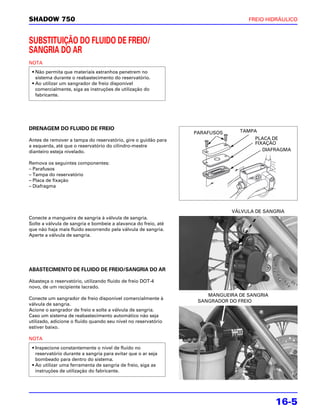 SHADOW 750                                                                       FREIO HIDRÁULICO



SUBSTITUIÇÃO DO FLUIDO DE FREIO/
SANGRIA DO AR
NOTA
 • Não permita que materiais estranhos penetrem no
   sistema durante o reabastecimento do reservatório.
 • Ao utilizar um sangrador de freio disponível
   comercialmente, siga as instruções de utilização do
   fabricante.




DRENAGEM DO FLUIDO DE FREIO                                                   TAMPA
                                                                PARAFUSOS
Antes de remover a tampa do reservatório, gire o guidão para                       PLACA DE
                                                                                   FIXAÇÃO
a esquerda, até que o reservatório do cilindro-mestre
dianteiro esteja nivelado.                                                            DIAFRAGMA

Remova os seguintes componentes:
– Parafusos
– Tampa do reservatório
– Placa de fixação
– Diafragma




                                                                            VÁLVULA DE SANGRIA
Conecte a mangueira de sangria à válvula de sangria.
Solte a válvula de sangria e bombeie a alavanca do freio, até
que não haja mais fluido escorrendo pela válvula de sangria.
Aperte a válvula de sangria.




ABASTECIMENTO DE FLUIDO DE FREIO/SANGRIA DO AR

Abasteça o reservatório, utilizando fluido de freio DOT-4
novo, de um recipiente lacrado.
                                                                    MANGUEIRA DE SANGRIA
Conecte um sangrador de freio disponível comercialmente à
                                                                 SANGRADOR DO FREIO
válvula de sangria.
Acione o sangrador de freio e solte a válvula de sangria.
Caso um sistema de reabastecimento automático não seja
utilizado, adicione o fluido quando seu nível no reservatório
estiver baixo.

NOTA
 • Inspecione constantemente o nível de fluido no
   reservatório durante a sangria para evitar que o ar seja
   bombeado para dentro do sistema.
 • Ao utilizar uma ferramenta de sangria de freio, siga as
   instruções de utilização do fabricante.




                                                                                           16-5
 