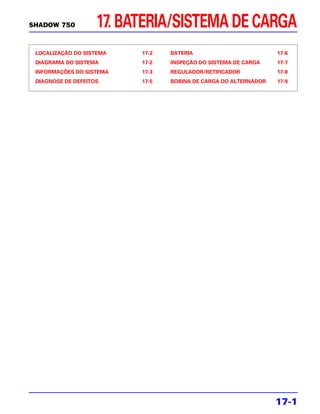 SHADOW 750          17. BATERIA/SISTEMA DE CARGA
 LOCALIZAÇÃO DO SISTEMA   17-2   BATERIA                         17-6
 DIAGRAMA DO SISTEMA      17-2   INSPEÇÃO DO SISTEMA DE CARGA    17-7
 INFORMAÇÕES DO SISTEMA   17-3   REGULADOR/RETIFICADOR           17-8
 DIAGNOSE DE DEFEITOS     17-5   BOBINA DE CARGA DO ALTERNADOR   17-9




                                                                 17-1
 