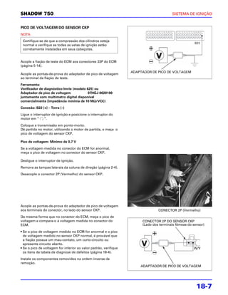SHADOW 750                                                                              SISTEMA DE IGNIÇÃO


PICO DE VOLTAGEM DO SENSOR CKP
NOTA
 Certifique-se de que a compressão dos cilindros esteja
                                                                                                      B22
 normal e verifique se todas as velas de ignição estão
 corretamente instaladas em seus cabeçotes.


Acople a fiação de teste do ECM aos conectores 33P do ECM
(página 5-14).
                                                                  ADAPTADOR DE PICO DE VOLTAGEM
Acople as pontas-de-prova do adaptador de pico de voltagem
ao terminal da fiação de teste.

Ferramenta:
Verificador de diagnóstico Imrie (modelo 625) ou
Adaptador de pico de voltagem             07HGJ-0020100
juntamente com multímetro digital disponível
                                             Ω
comercialmente (impedância mínima de 10 MΩ/VCC)

Conexão: B22 (+) – Terra (–)

Ligue o interruptor de ignição e posicione o interruptor do
motor em “     ”.

Coloque a transmissão em ponto-morto.
Dê partida no motor, utilizando o motor de partida, e meça o
pico de voltagem do sensor CKP.

Pico de voltagem: Mínimo de 0,7 V

Se a voltagem medida no conector do ECM for anormal,
meça o pico de voltagem no conector do sensor CKP.

Desligue o interruptor de ignição.

Remova as tampas laterais da coluna de direção (página 2-4).

Desacople o conector 2P (Vermelho) do sensor CKP.




Acople as pontas-de-prova do adaptador de pico de voltagem
aos terminais do conector, no lado do sensor CKP.                               CONECTOR 2P (Vermelho)
Da mesma forma que no conector do ECM, meça o pico de
voltagem e compare-o à voltagem medida no conector do                  CONECTOR 2P DO SENSOR CKP
ECM.                                                                   (Lado dos terminais fêmeas do sensor)

• Se o pico de voltagem medido no ECM for anormal e o pico
  de voltagem medido no sensor CKP normal, é provável que
  a fiação possua um mau-contato, um curto-circuito ou
  apresente circuito aberto.
• Se o pico de voltagem for inferior ao valor padrão, verifique                                      W/Y
  os itens da tabela de diagnose de defeitos (página 18-4).

Instale os componentes removidos na ordem inversa da
remoção.
                                                                      ADAPTADOR DE PICO DE VOLTAGEM




                                                                                                       18-7
 