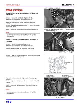 SISTEMA DE IGNIÇÃO                                                                      SHADOW 750
                                                            PARAFUSOS/ESPAÇADORES

BOBINA DE IGNIÇÃO
REMOÇÃO/INSTALAÇÃO DA BOBINA DE IGNIÇÃO
DIANTEIRA

Remova o tanque de combustível (página 5-40).
Desacople os supressores de ruídos (página 3-7).

Desacople o conector da fiação da bobina de ignição
primária.
Remova os parafusos, os espaçadores e a bobina de ignição
dianteira do chassi.

Instale a bobina de ignição na ordem inversa da remoção.    BOBINA DE IGNIÇÃO DIANTEIRA     CONECTORES
                                                               CINTA DA FIAÇÃO
NOTA
 Passe adequadamente os cabos das vela de ignição
 (página 1-20).

REMOÇÃO/INSTALAÇÃO DA BOBINA DE IGNIÇÃO
TRASEIRA

Remova a tampa lateral direita (página 2-4).
Desacople os supressores de ruídos (página 3-7).

Solte os cabos das velas de ignição de suas cintas.

                                                                                CABO DA VELA DE IGNIÇÃO

Remova a caixa de fusíveis do suporte do compartimento da
bateria, soltando suas lingüetas.



                                                                                            LINGÜETAS




                                                                    CAIXA DE FUSÍVEIS

                                                              PARAFUSOS/                BOBINA DE
                                                              ESPAÇADORES               IGNIÇÃO TRASEIRA
Desacople os conectores da fiação da bobina de ignição
primária.
Remova os parafusos, os espaçadores e a bobina de ignição
traseira.

Instale a bobina de ignição traseira na ordem inversa da
remoção.

NOTA
 Passe adequadamente os cabos das vela de ignição
 (página 1-20).


                                                                              CONECTORES


18-8
 