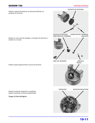 SHADOW 750                                                                             PARTIDA ELÉTRICA

                                                                                SUPORTE DE ESCOVAS
Instale o suporte de escovas, as escovas positivas e o
parafuso do terminal.




                                                              ESCOVAS POSITIVAS   PARAFUSO DO TERMINAL
                                                              LIMITADOR DO TERMINAL           ISOLANTE
Instale um novo anel de vedação, o limitador do terminal, o
isolante e a arruela.




                                                              ANEL DE VEDAÇÃO              ARRUELA
                                                                                          PORCA
Instale e aperte seguramente a porca do terminal.




                                                                    PARAFUSO          ESCOVAS NEGATIVAS
Instale as escovas negativas e o parafuso.
Aperte o parafuso no torque especificado.

Torque: 3,7 N.m (0,4 kgf.m)




                                                                                             19-11
 
