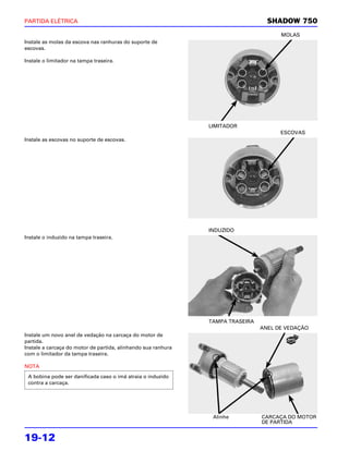 PARTIDA ELÉTRICA                                                                  SHADOW 750
                                                                                      MOLAS
Instale as molas da escova nas ranhuras do suporte de
escovas.

Instale o limitador na tampa traseira.




                                                               LIMITADOR
                                                                                      ESCOVAS
Instale as escovas no suporte de escovas.




                                                               INDUZIDO
Instale o induzido na tampa traseira.




                                                               TAMPA TRASEIRA
                                                                                ANEL DE VEDAÇÃO
Instale um novo anel de vedação na carcaça do motor de
partida.
Instale a carcaça do motor de partida, alinhando sua ranhura
com o limitador da tampa traseira.

NOTA
 A bobina pode ser danificada caso o imã atraia o induzido
 contra a carcaça.




                                                                Alinhe          CARCAÇA DO MOTOR
                                                                                DE PARTIDA


19-12
 