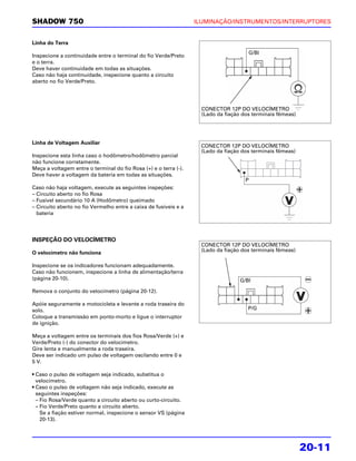 SHADOW 750                                                        ILUMINAÇÃO/INSTRUMENTOS/INTERRUPTORES


Linha do Terra
                                                                                      G/Bl
Inspecione a continuidade entre o terminal do fio Verde/Preto
e o terra.
Deve haver continuidade em todas as situações.
Caso não haja continuidade, inspecione quanto a circuito
aberto no fio Verde/Preto.




                                                                    CONECTOR 12P DO VELOCÍMETRO
                                                                    (Lado da fiação dos terminais fêmeas)




Linha de Voltagem Auxiliar
                                                                   CONECTOR 12P DO VELOCÍMETRO
                                                                   (Lado da fiação dos terminais fêmeas)
Inspecione esta linha caso o hodômetro/hodômetro parcial
não funcione corretamente.
Meça a voltagem entre o terminal do fio Rosa (+) e o terra (-).
Deve haver a voltagem da bateria em todas as situações.
                                                                                     P
Caso não haja voltagem, execute as seguintes inspeções:
– Circuito aberto no fio Rosa
– Fusível secundário 10 A (Hodômetro) queimado
– Circuito aberto no fio Vermelho entre a caixa de fusíveis e a
  bateria




INSPEÇÃO DO VELOCÍMETRO
                                                                   CONECTOR 12P DO VELOCÍMETRO
                                                                   (Lado da fiação dos terminais fêmeas)
O velocímetro não funciona

Inspecione se os indicadores funcionam adequadamente.
Caso não funcionem, inspecione a linha de alimentação/terra
(página 20-10).                                                                    G/Bl

Remova o conjunto do velocímetro (página 20-12).

Apóie seguramente a motocicleta e levante a roda traseira do
solo.                                                                                 P/G
Coloque a transmissão em ponto-morto e ligue o interruptor
de ignição.

Meça a voltagem entre os terminais dos fios Rosa/Verde (+) e
Verde/Preto (-) do conector do velocímetro.
Gire lenta e manualmente a roda traseira.
Deve ser indicado um pulso de voltagem oscilando entre 0 e
5 V.

• Caso o pulso de voltagem seja indicado, substitua o
  velocímetro.
• Caso o pulso de voltagem não seja indicado, execute as
  seguintes inspeções:
  – Fio Rosa/Verde quanto a circuito aberto ou curto-circuito.
  – Fio Verde/Preto quanto a circuito aberto.
    Se a fiação estiver normal, inspecione o sensor VS (página
    20-13).




                                                                                                            20-11
 