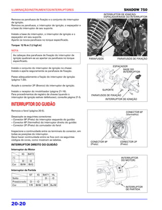 ILUMINAÇÃO/INSTRUMENTOS/INTERRUPTORES                                                        SHADOW 750
                                                                                INTERRUPTOR DE IGNIÇÃO/
                                                                                ESPAÇADOR/BASE DO INTERRUPTOR
Remova os parafusos de fixação e o conjunto do interruptor
de ignição.
Remova os parafusos, o interruptor de ignição, o espaçador e
a base do interruptor de seu suporte.

Instale a base do interruptor, o interruptor de ignição e o
espaçador em seu suporte.
Aperte os novos parafusos no torque especificado.

Torque: 12 N.m (1,2 kgf.m)

NOTA
 As cabeças dos parafusos de fixação do interruptor de
 ignição quebram-se ao apertar os parafusos no torque               PARAFUSOS            PARAFUSOS DE FIXAÇÃO
 especificado.

                                                                                      ESPAÇADOR
Instale o conjunto do interruptor de ignição no chassi.
                                                                                            BASE DO
Instale e aperte seguramente os parafusos de fixação.                                       INTERRUPTOR

Passe adequadamente a fiação do interruptor de ignição
(página 1-20).

Acople o conector 2P (Branco) do interruptor de ignição.
                                                                            SUPORTE
Instale o receptor do imobilizador (página 21-16).
Para procedimentos de registro de chaves (quando o                   PARAFUSOS DE FIXAÇÃO
interruptor de ignição estiver defeituoso), consulte página 21-5.
                                                                                 INTERRUPTOR DE IGNIÇÃO

INTERRUPTOR DO GUIDÃO
Remova o farol (página 20-5).
                                                                                               CONECTOR 6P
                                                                                               (Vermelho)
Desacople os seguintes conectores:
– Conector 9P (Preto) do interruptor esquerdo do guidão
– Conector 6P (Vermelho) do interruptor direito do guidão
– Conector 2P (Preto) do comutador do farol

Inspecione a continuidade entre os terminais do conector, em
todas as posições do interruptor.
Deve haver continuidade entre os fios com os seguintes
códigos de cores, como mostram as tabelas.
                                                                     CONECTOR 9P           CONECTOR 2P
INTERRUPTOR DIREITO DO GUIDÃO                                        (Preto)               (Preto)

Interruptor do Motor
         IG    BAT2
                                                                                            INTERRUPTOR
         O      O                                                                           DO MOTOR)
Cor     Bl/W   Bl/G

Interruptor de Partida
                ST       IG   BAT1   HL
 Solto                         O     O
 Pressionado     O      O
 Cor            Y/R    Bl/W   Bl/R Bu/W
                                                                                               INTERRUPTOR
                                                                                               DE PARTIDA




20-20
 