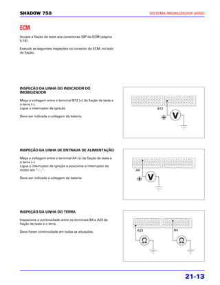 SHADOW 750                                                            SISTEMA IMOBILIZADOR (HISS)



ECM
Acople a fiação de teste aos conectores 33P do ECM (página
5-14).

Execute as seguintes inspeções no conector do ECM, no lado
da fiação.




INSPEÇÃO DA LINHA DO INDICADOR DO
IMOBILIZADOR

Meça a voltagem entre o terminal B12 (+) da fiação de teste e
o terra (–).
Ligue o interruptor de ignição                                           B12

Deve ser indicada a voltagem da bateria.




INSPEÇÃO DA LINHA DE ENTRADA DE ALIMENTAÇÃO

Meça a voltagem entre o terminal A4 (+) da fiação de teste e
o terra (–).
Ligue o interruptor de ignição e posicione o interruptor do
motor em “ ”.                                                   A4

Deve ser indicada a voltagem da bateria.




INSPEÇÃO DA LINHA DO TERRA

Inspecione a continuidade entre os terminais B4 e A23 da
fiação de teste e o terra.

Deve haver continuidade em todas as situações.                  A23              B4




                                                                                       21-13
 
