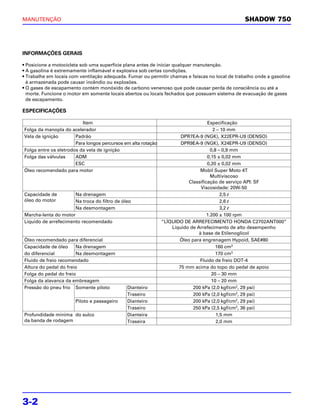 MANUTENÇÃO                                                                                       SHADOW 750




INFORMAÇÕES GERAIS

• Posicione a motocicleta sob uma superfície plana antes de iniciar qualquer manutenção.
• A gasolina é extremamente inflamável e explosiva sob certas condições.
• Trabalhe em locais com ventilação adequada. Fumar ou permitir chamas e faíscas no local de trabalho onde a gasolina
  é armazenada pode causar incêndio ou explosões.
• O gases de escapamento contém monóxido de carbono venenoso que pode causar perda de consciência ou até a
  morte. Funcione o motor em somente locais abertos ou locais fechados que possuam sistema de evacuação de gases
  de escapamento.

ESPECIFICAÇÕES

                          Item                                                     Especificação
Folga da manopla do acelerador                                                         2 – 10 mm
Vela de ignição        Padrão                                          DPR7EA-9 (NGK), X22EPR-U9 (DENSO)
                       Para longos percursos em alta rotação           DPR9EA-9 (NGK), X24EPR-U9 (DENSO)
Folga entre os eletrodos da vela de ignição                                          0,8 – 0,9 mm
Folga das válvulas     ADM                                                         0,15 ± 0,02 mm
                       ESC                                                         0,20 ± 0,02 mm
Óleo recomendado para motor                                                     Mobil Super Moto 4T
                                                                                     Multiviscoso
                                                                          Classificação de serviço API: SF
                                                                                Viscosidade: 20W-50
Capacidade de         Na drenagem                                                         2,5 l
óleo do motor         Na troca do filtro de óleo                                          2,6 l
                      Na desmontagem                                                      3,2 l
Marcha-lenta do motor                                                              1.200 ± 100 rpm
Líquido de arrefecimento recomendado                           “LÍQUIDO DE ARREFECIMENTO HONDA C2702ANT000”
                                                                   Líquido de Arrefecimento de alto desempenho
                                                                               à base de Etilenoglicol
Óleo recomendado para diferencial                                     Óleo para engrenagem Hypoid, SAE#80
Capacidade de óleo     Na drenagem                                                      160 cm3
do diferencial         Na desmontagem                                                   170 cm3
Fluido de freio recomendado                                                    Fluido de freio DOT-4
Altura do pedal do freio                                              75 mm acima do topo do pedal de apoio
Folga do pedal do freio                                                               20 – 30 mm
Folga da alavanca da embreagem                                                        10 – 20 mm
Pressão do pneu frio Somente piloto           Dianteiro                     200 kPa (2,0 kgf/cm2, 29 psi)
                                              Traseiro                      200 kPa (2,0 kgf/cm2, 29 psi)
                       Piloto e passageiro    Dianteiro                     200 kPa (2,0 kgf/cm2, 29 psi)
                                              Traseiro                      250 kPa (2,5 kgf/cm2, 36 psi)
Profundidade mínima do sulco                  Dianteira                                 1,5 mm
da banda de rodagem                           Traseira                                  2,0 mm




3-2
 