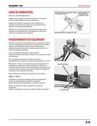 SHADOW 750                                                                                 MANUTENÇÃO



LINHA DE COMBUSTÍVEL                                            MANGUEIRA DE ALIMENTAÇÃO MANGUEIRA DE
                                                                DE COMBUSTÍVEL           RETORNO DE
Remova o assento (página 2-3).                                                           COMBUSTÍVEL

Inspecione a mangueira de alimentação de combustível
quanto a deterioração, danos ou vazamento.

Inspecione também a mangueira de combustível e a
mangueira de retorno de vapor de combustível (entre o
tanque e a bomba de combustível).

Substitua a mangueira de alimentação de combustível, a
mangueira de combustível e a mangueira de retorno de
vapor de combustível se necessário.                             MANGUEIRA DE COMBUSTÍVEL




FUNCIONAMENTO DO ACELERADOR
Verifique os cabos do acelerador quanto a quaisquer tipos de
danos ou deterioração. Inspecione a manopla do acelerador
quanto a suavidade de funcionamento. Inspecione o                                          2 – 10 mm
acelerador quanto a abertura e fechamento automático em
todas as posições do guidão.

Caso a manopla do acelerador mano retorno
automaticamente, lubrifique os cabos e a carcaça da manopla
do acelerador.

Se a manopla do acelerador ainda não retornar
adequadamente, substitua os cabos do acelerador por novos.

Mantendo o motor em marcha-lenta, gire completamente o            CONTRAPORCA
guidão para a esquerda e direita, de batente a batente, e
certifique-se de que não ocorre alteração da marcha-lenta. Se
a marcha-lenta aumentar, inspecione a folga da manopla do
acelerador e as conexões dos cabos.

Meça a folga da manopla do acelerador em seu flange.

Folga: 2 – 10 mm

A folga da manopla do acelerador pode ser ajustada em
ambas as extremidades do cabo do acelerador.
Ajustes menores são realizados no ajustador superior.

Solte a contraporca e gire o ajustador o quanto for
necessário.
Aperte a contraporca, enquanto mantém fixado o ajustador.            AJUSTADOR




                                                                                                       3-5
 