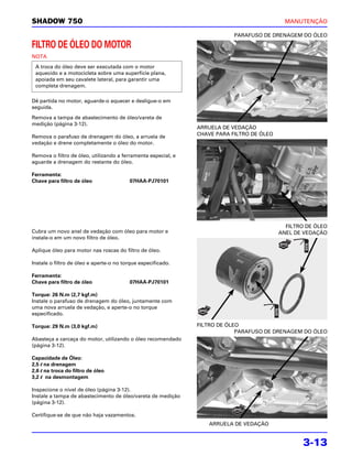 SHADOW 750                                                                                   MANUTENÇÃO

                                                                           PARAFUSO DE DRENAGEM DO ÓLEO

FILTRO DE ÓLEO DO MOTOR
NOTA
 A troca do óleo deve ser executada com o motor
 aquecido e a motocicleta sobre uma superfície plana,
 apoiada em seu cavalete lateral, para garantir uma
 completa drenagem.

Dê partida no motor, aguarde-o aquecer e desligue-o em
seguida.

Remova a tampa de abastecimento de óleo/vareta de
medição (página 3-12).
                                                               ARRUELA DE VEDAÇÃO
Remova o parafuso de drenagem do óleo, a arruela de            CHAVE PARA FILTRO DE ÓLEO
vedação e drene completamente o óleo do motor.

Remova o filtro de óleo, utilizando a ferramenta especial, e
aguarde a drenagem do restante do óleo.

Ferramenta:
Chave para filtro de óleo                07HAA-PJ70101




                                                                                             FILTRO DE ÓLEO
Cubra um novo anel de vedação com óleo para motor e                                        ANEL DE VEDAÇÃO
instale-o em um novo filtro de óleo.

Aplique óleo para motor nas roscas do filtro de óleo.

Instale o filtro de óleo e aperte-o no torque especificado.

Ferramenta:
Chave para filtro de óleo                07HAA-PJ70101

Torque: 26 N.m (2,7 kgf.m)
Instale o parafuso de drenagem do óleo, juntamente com
uma nova arruela de vedação, e aperte-o no torque
especificado.

Torque: 29 N.m (3,0 kgf.m)                                     FILTRO DE ÓLEO
                                                                            PARAFUSO DE DRENAGEM DO ÓLEO
Abasteça a carcaça do motor, utilizando o óleo recomendado
(página 3-12).

Capacidade de Óleo:
2,5 l na drenagem
2,6 l na troca do filtro de óleo
3,2 l na desmontagem

Inspecione o nível de óleo (página 3-12).
Instale a tampa de abastecimento de óleo/vareta de medição
(página 3-12).

Certifique-se de que não haja vazamentos.
                                                                   ARRUELA DE VEDAÇÃO


                                                                                                   3-13
 