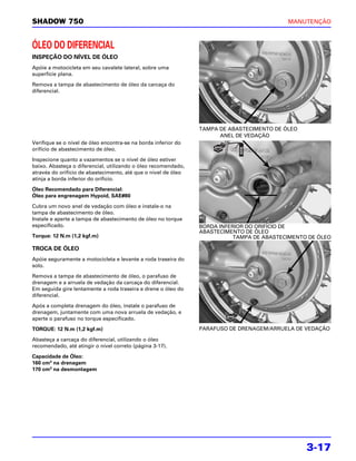 SHADOW 750                                                                                 MANUTENÇÃO



ÓLEO DO DIFERENCIAL
INSPEÇÃO DO NÍVEL DE ÓLEO
Apóie a motocicleta em seu cavalete lateral, sobre uma
superfície plana.

Remova a tampa de abastecimento de óleo da carcaça do
diferencial.




                                                                TAMPA DE ABASTECIMENTO DE ÓLEO
                                                                      ANEL DE VEDAÇÃO
Verifique se o nível de óleo encontra-se na borda inferior do
orifício de abastecimento de óleo.

Inspecione quanto a vazamentos se o nível de óleo estiver
baixo. Abasteça o diferencial, utilizando o óleo recomendado,
através do orifício de abastecimento, até que o nível de óleo
atinja a borda inferior do orifício.

Óleo Recomendado para Diferencial:
Óleo para engrenagem Hypoid, SAE#80

Cubra um novo anel de vedação com óleo e instale-o na
tampa de abastecimento de óleo.
Instale e aperte a tampa de abastecimento de óleo no torque
especificado.                                                   BORDA INFERIOR DO ORIFÍCIO DE
                                                                ABASTECIMENTO DE ÓLEO
Torque: 12 N.m (1,2 kgf.m)                                                 TAMPA DE ABASTECIMENTO DE ÓLEO

TROCA DE ÓLEO
Apóie seguramente a motocicleta e levante a roda traseira do
solo.

Remova a tampa de abastecimento de óleo, o parafuso de
drenagem e a arruela de vedação da carcaça do diferencial.
Em seguida gire lentamente a roda traseira e drene o óleo do
diferencial.

Após a completa drenagem do óleo, instale o parafuso de
drenagem, juntamente com uma nova arruela de vedação, e
aperte o parafuso no torque especificado.

TORQUE: 12 N.m (1,2 kgf.m)                                      PARAFUSO DE DRENAGEM/ARRUELA DE VEDAÇÃO

Abasteça a carcaça do diferencial, utilizando o óleo
recomendado, até atingir o nível correto (página 3-17).

Capacidade de Óleo:
160 cm3 na drenagem
170 cm3 na desmontagem




                                                                                                 3-17
 