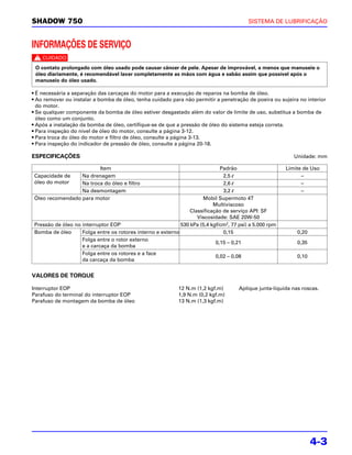 SHADOW 750                                                                                SISTEMA DE LUBRIFICAÇÃO



INFORMAÇÕES DE SERVIÇO
c
 O contato prolongado com óleo usado pode causar câncer de pele. Apesar de improvável, a menos que manuseie o
 óleo diariamente, é recomendável lavar completamente as mãos com água e sabão assim que possível após o
 manuseio do óleo usado.

• É necessária a separação das carcaças do motor para a execução de reparos na bomba de óleo.
• Ao remover ou instalar a bomba de óleo, tenha cuidado para não permitir a penetração de poeira ou sujeira no interior
  do motor.
• Se qualquer componente da bomba de óleo estiver desgastado além do valor de limite de uso, substitua a bomba de
  óleo como um conjunto.
• Após a instalação da bomba de óleo, certifique-se de que a pressão de óleo do sistema esteja correta.
• Para inspeção do nível de óleo do motor, consulte a página 3-12.
• Para troca do óleo do motor e filtro de óleo, consulte a página 3-13.
• Para inspeção do indicador de pressão de óleo, consulte a página 20-18.

ESPECIFICAÇÕES                                                                                              Unidade: mm

                         Item                                                 Padrão                     Limite de Uso
 Capacidade de    Na drenagem                                                  2,5 l                           –
 óleo do motor    Na troca do óleo e filtro                                    2,6 l                           –
                  Na desmontagem                                               3,2 l                           –
 Óleo recomendado para motor                                          Mobil Supermoto 4T
                                                                           Multiviscoso
                                                                 Classificação de serviço API: SF
                                                                    Viscosidade: SAE 20W-50
 Pressão de óleo no interruptor EOP                          530 kPa (5,4 kgf/cm2, 77 psi) a 5.000 rpm
 Bomba de óleo      Folga entre os rotores interno e externo                   0,15                           0,20
                    Folga entre o rotor externo
                                                                            0,15 – 0,21                       0,35
                    e a carcaça da bomba
                    Folga entre os rotores e a face
                                                                            0,02 – 0,08                       0,10
                    da carcaça da bomba


VALORES DE TORQUE

Interruptor EOP                                              12 N.m (1,2 kgf.m)       Aplique junta-líquida nas roscas.
Parafuso do terminal do interruptor EOP                      1,9 N.m (0,2 kgf.m)
Parafuso de montagem da bomba de óleo                        13 N.m (1,3 kgf.m)




                                                                                                                     4-3
 