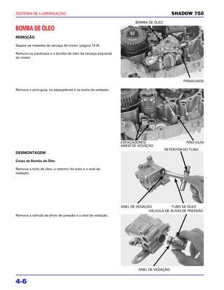 SISTEMA DE LUBRIFICAÇÃO                                                                 SHADOW 750
                                                                    BOMBA DE ÓLEO

BOMBA DE ÓLEO
REMOÇÃO

Separe as metades da carcaça do motor (página 12-9).

Remova os parafusos e a bomba de óleo da carcaça esquerda
do motor.




                                                                                             PARAFUSOS

Remova o pino-guia, os espaçadores e os anéis de vedação.




                                                             ESPAÇADORES/                     PINO-GUIA
                                                             ANÉIS DE VEDAÇÃO
                                                                                    RETENTOR DO TUBO
DESMONTAGEM

Corpo da Bomba de Óleo

Remova o tubo de óleo, o retentor do tubo e o anel de
vedação.




                                                             ANEL DE VEDAÇÃO          TUBO DE ÓLEO
                                                                           VÁLVULA DE ALÍVIO DE PRESSÃO
Remova a válvula de alívio de pressão e o anel de vedação.




                                                                      ANEL DE VEDAÇÃO


4-6
 