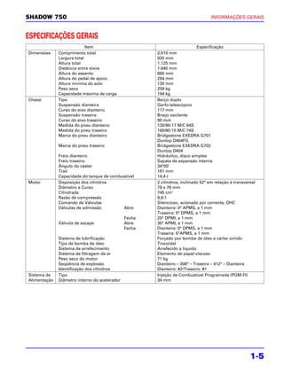 SHADOW 750                                                                        INFORMAÇÕES GERAIS



ESPECIFICAÇÕES GERAIS
                            Item                                            Especificação
Dimensões     Comprimento total                        2.510 mm
              Largura total                            920 mm
              Altura total                             1.125 mm
              Distância entre eixos                    1.640 mm
              Altura do assento                        660 mm
              Altura do pedal de apoio                 294 mm
              Altura mínima do solo                    130 mm
              Peso seco                                259 kg
              Capacidade máxima de carga               194 kg
Chassi        Tipo                                     Berço duplo
              Suspensão dianteira                      Garfo telescópico
              Curso do eixo dianteiro                  117 mm
              Suspensão traseira                       Braço oscilante
              Curso do eixo traseiro                   90 mm
              Medida do pneu dianteiro                 120/90-17 M/C 64S
              Medida do pneu traseiro                  160/80-15 M/C 74S
              Marca do pneu dianteiro                  Bridgestone EXEDRA G701
                                                       Dunlop D404FG
              Marca do pneu traseiro                   Bridgestone EXEDRA G702
                                                       Dunlop D404
              Freio dianteiro                          Hidráulico, disco simples
              Freio traseiro                           Sapata de expansão interna
              Ângulo do cáster                         34°00’
              Trail                                    161 mm
              Capacidade do tanque de combustível      14,4 l
Motor         Disposição dos cilindros                 2 cilindros, inclinado 52° em relação à transversal
              Diâmetro e Curso                         79 x 76 mm
              Cilindrada                               745 cm3
              Razão de compressão                      9,6:1
              Comando de Válvulas                      Silencioso, acionado por corrente, OHC
              Válvulas de admissão         Abre        Dianteira: 0° APMS, a 1 mm
                                                       Traseira: 5° DPMS, a 1 mm
                                               Fecha   25° DPMI, a 1 mm
              Válvula de escape                Abre    35° APMI, a 1 mm
                                               Fecha   Dianteira: 0° DPMS, a 1 mm
                                                       Traseira: 5°APMS, a 1 mm
              Sistema de lubrificação                  Forçado por bomba de óleo e cárter úmido
              Tipo de bomba de óleo                    Trocoidal
              Sistema de arrefecimento                 Arrefecido a líquido
              Sistema de filtragem de ar               Elemento de papel viscoso
              Peso seco do motor                       71 kg
              Seqüência de explosão                    Dianteiro – 308° – Traseira – 412° – Dianteira
              Identificação dos cilindros              Dianteiro: #2/Traseiro: #1
Sistema de    Tipo                                     Injeção de Combustível Programada (PGM-FI)
Alimentação   Diâmetro interno do acelerador           34 mm




                                                                                                       1-5
 