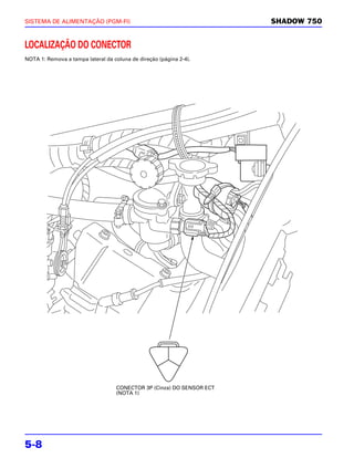 SISTEMA DE ALIMENTAÇÃO (PGM-FI)                                        SHADOW 750


LOCALIZAÇÃO DO CONECTOR
NOTA 1: Remova a tampa lateral da coluna de direção (página 2-4).




                                   CONECTOR 3P (Cinza) DO SENSOR ECT
                                   (NOTA 1)




5-8
 