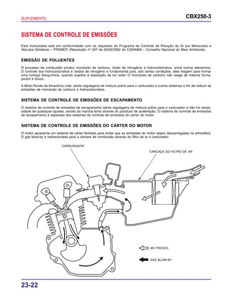 SUPLEMENTO CBX250-3
23-22
AR FRESCO
GÁS BLOW-BY
CARBURADOR
CARCAÇA DO FILTRO DE AR
SISTEMA DE CONTROLE DE EMISSÕES
Esta motocicleta está em conformidade com os requisitos do Programa de Controle de Poluição do Ar por Motociclos e
Veículos Similares – PROMOT (Resolução nº 297 de 26/02/2002 do CONAMA – Conselho Nacional do Meio Ambiente).
EMISSÃO DE POLUENTES
O processo de combustão produz monóxido de carbono, óxido de nitrogênio e hidrocarbonetos, entre outros elementos.
O controle dos hidrocarbonetos e óxidos de nitrogênio é fundamental pois, sob certas condições, eles reagem para formar
uma fumaça fotoquímica, quando sujeitos à exposição da luz solar. O monóxido de carbono não reage da mesma forma,
porém é tóxico.
A Moto Honda da Amazônia Ltda. adota regulagens de mistura pobre para o carburador e outros sistemas a fim de reduzir as
emissões de monóxido de carbono e hidrocarbonetos.
SISTEMA DE CONTROLE DE EMISSÕES DE ESCAPAMENTO
O sistema de controle de emissões de escapamento adota regulagens de mistura pobre para o carburador e não há neces-
sidade de quaisquer ajustes, exceto da marcha lenta através do parafuso de aceleração. O sistema de controle de emissões
de escapamento é separado dos sistemas de controle de emissões do cárter do motor.
SISTEMA DE CONTROLE DE EMISSÕES DO CÁRTER DO MOTOR
O motor apresenta um sistema de cárter fechado para evitar que as emissões do motor sejam descarregadas na atmosfera.
O gás blow-by é redirecionado para a câmara de combustão através do filtro de ar e carburador.
 