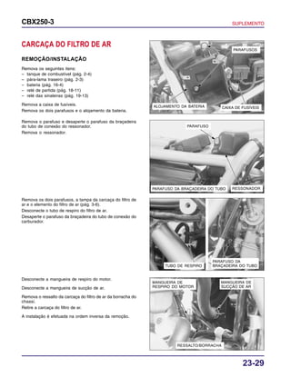 23-29
CBX250-3 SUPLEMENTO
CARCAÇA DO FILTRO DE AR
REMOÇÃO/INSTALAÇÃO
Remova os seguintes itens:
– tanque de combustível (pág. 2-4)
– pára-lama traseiro (pág. 2-3)
– bateria (pág. 16-4)
– relé de partida (pág. 18-11)
– relé das sinaleiras (pág. 19-13)
Remova a caixa de fusíveis.
Remova os dois parafusos e o alojamento da bateria.
Remova o parafuso e desaperte o parafuso da braçadeira
do tubo de conexão do ressonador.
Remova o ressonador.
Remova os dois parafusos, a tampa da carcaça do filtro de
ar e o elemento do filtro de ar (pág. 3-6).
Desconecte o tubo de respiro do filtro de ar.
Desaperte o parafuso da braçadeira do tubo de conexão do
carburador.
Desconecte a mangueira de respiro do motor.
Desconecte a mangueira de sucção de ar.
Remova o ressalto da carcaça do filtro de ar da borracha do
chassi.
Retire a carcaça do filtro de ar.
A instalação é efetuada na ordem inversa da remoção.
PARAFUSOS
CAIXA DE FUSÍVEISALOJAMENTO DA BATERIA
PARAFUSO
RESSONADORPARAFUSO DA BRAÇADEIRA DO TUBO
RESSALTO/BORRACHA
PARAFUSO DA
BRAÇADEIRA DO TUBOTUBO DE RESPIRO
MANGUEIRA DE
SUCÇÃO DE AR
MANGUEIRA DE
RESPIRO DO MOTOR
 