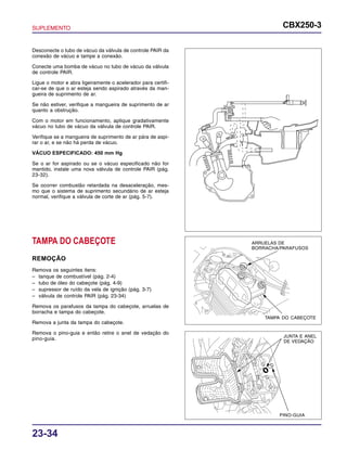 SUPLEMENTO CBX250-3
23-34
Desconecte o tubo de vácuo da válvula de controle PAIR da
conexão de vácuo e tampe a conexão.
Conecte uma bomba de vácuo no tubo de vácuo da válvula
de controle PAIR.
Ligue o motor e abra ligeiramente o acelerador para certifi-
car-se de que o ar esteja sendo aspirado através da man-
gueira de suprimento de ar.
Se não estiver, verifique a mangueira de suprimento de ar
quanto a obstrução.
Com o motor em funcionamento, aplique gradativamente
vácuo no tubo de vácuo da válvula de controle PAIR.
Verifique se a mangueira de suprimento de ar pára de aspi-
rar o ar, e se não há perda de vácuo.
VÁCUO ESPECIFICADO: 450 mm Hg
Se o ar for aspirado ou se o vácuo especificado não for
mantido, instale uma nova válvula de controle PAIR (pág.
23-32).
Se ocorrer combustão retardada na desaceleração, mes-
mo que o sistema de suprimento secundário de ar esteja
normal, verifique a válvula de corte de ar (pág. 5-7).
TAMPA DO CABEÇOTE
REMOÇÃO
Remova os seguintes itens:
– tanque de combustível (pág. 2-4)
– tubo de óleo do cabeçote (pág. 4-9)
– supressor de ruído da vela de ignição (pág. 3-7)
– válvula de controle PAIR (pág. 23-34)
Remova os parafusos da tampa do cabeçote, arruelas de
borracha e tampa do cabeçote.
Remova a junta da tampa do cabeçote.
Remova o pino-guia e então retire o anel de vedação do
pino-guia.
TAMPA DO CABEÇOTE
JUNTA E ANEL
DE VEDAÇÃO
PINO-GUIA
ARRUELAS DE
BORRACHA/PARAFUSOS
 